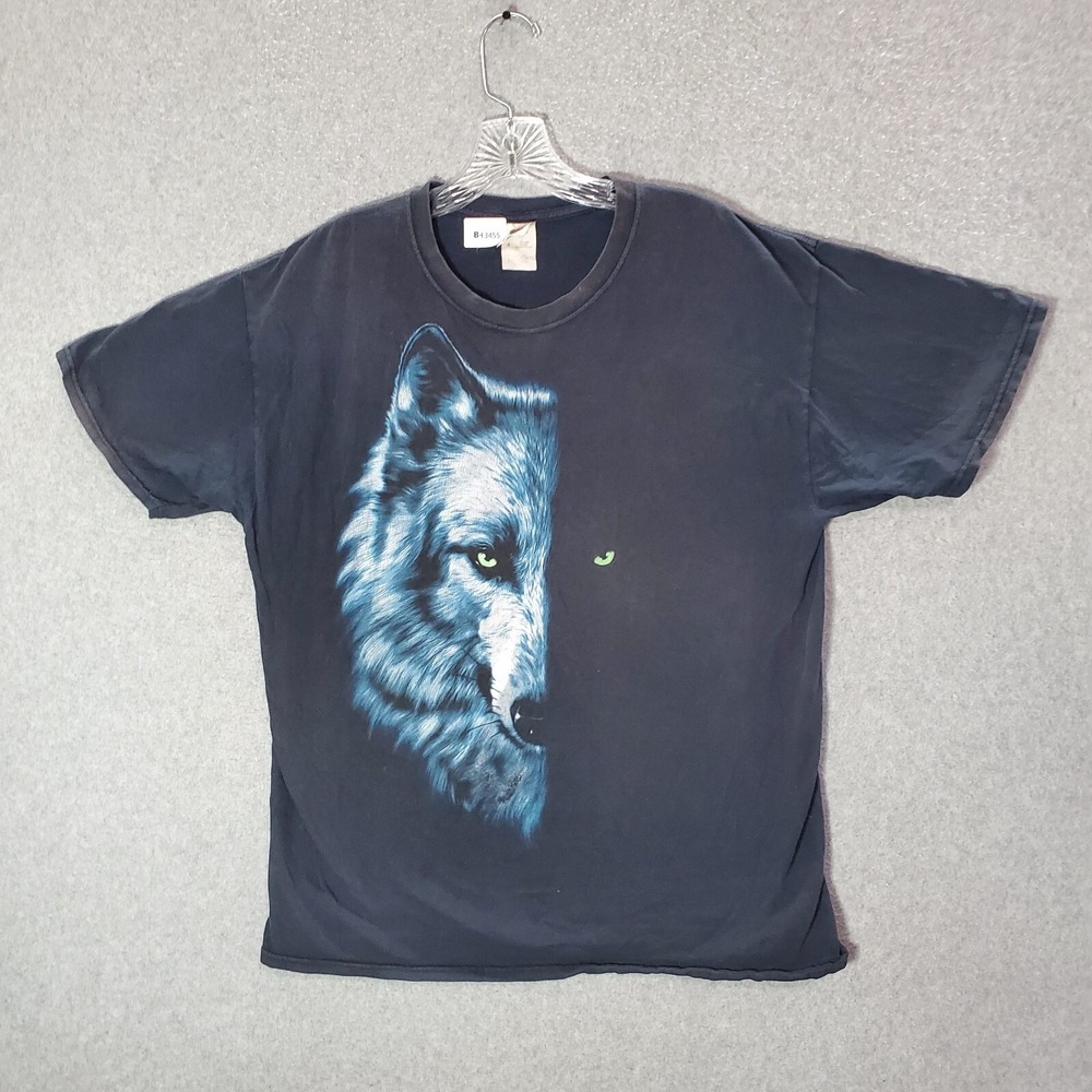 VINTAGE Wolf Eyes Men Shirt Large Black Animal Nature Stealth Graphic Y2K